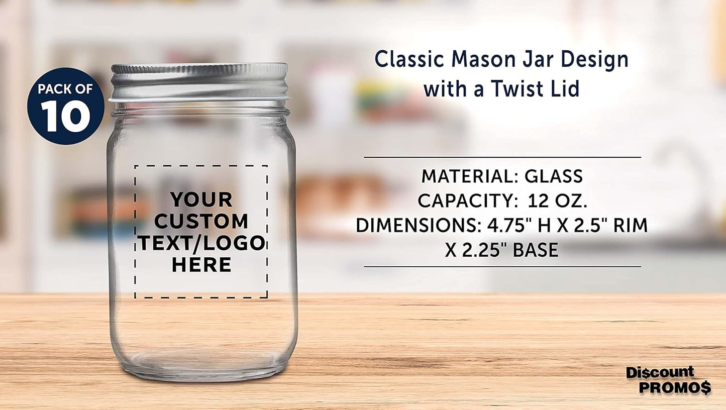 DISCOUNT PROMOS 10 Decorating Mason Jars Set, 12 oz. - Customizable Text, Logo - Canning, Aluminum Lid - Clear