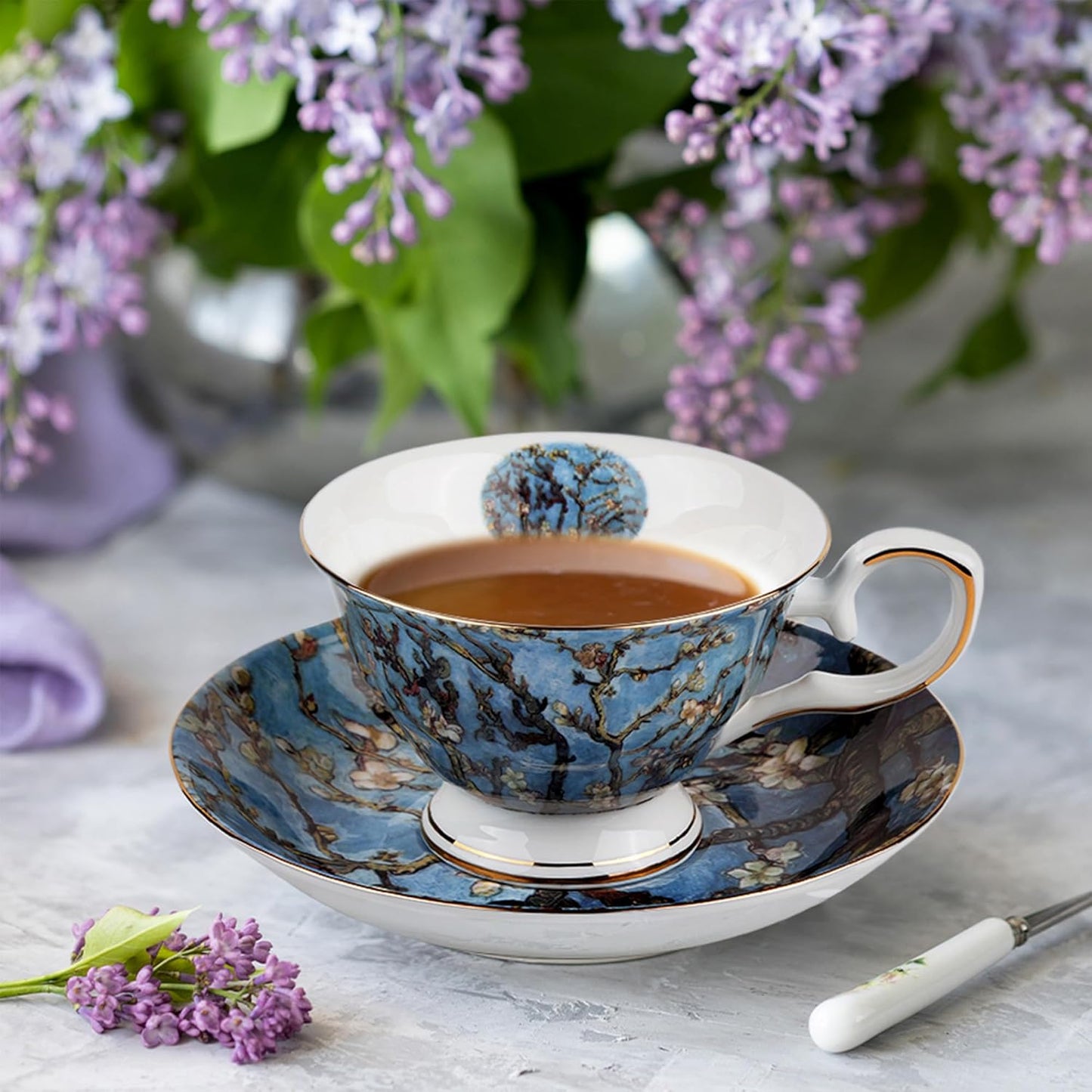 Floral Tea Cups Saucers Set of 2, Van Gogh Paintings Bone China 7 oz British Teacups Porcelain Coffee Cup for Rose Tea Cappuccino Espresso Latte (Apricot & Peach Blossom)