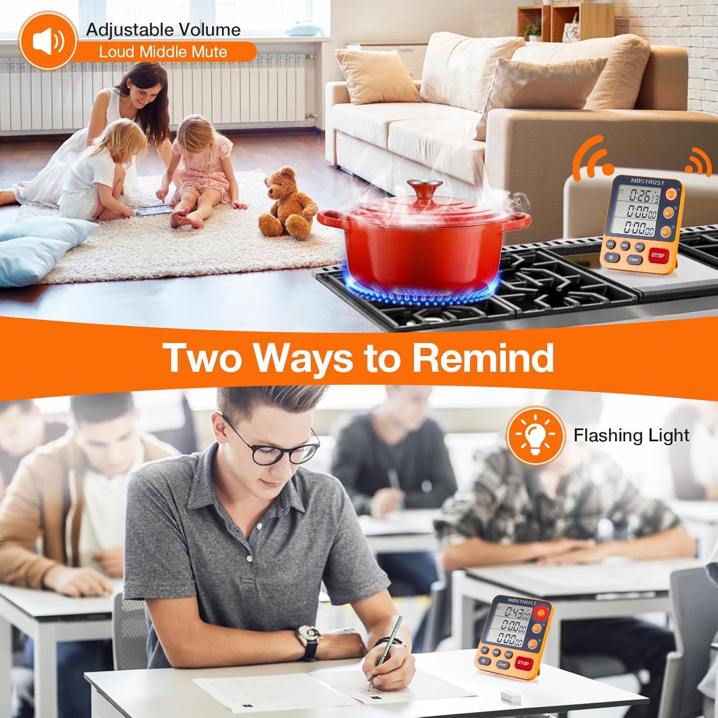 Digital Dual Kitchen Timer, 3 Channels Countdown Triple Timer for Cooking, Magnetic Memory-Preset Large-Display Adjustable Alarm Volume, Multi Times Management, 3A Battery Included, Blue