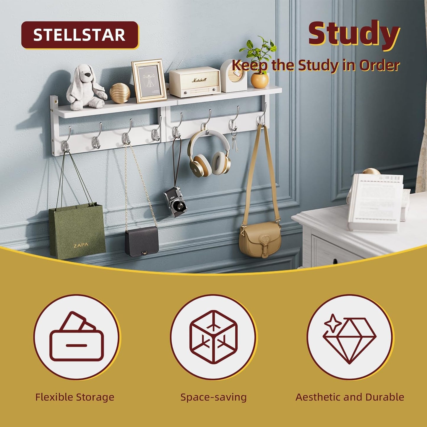 2 Pack Coat Rack Wall Mount, Bamboo Coat Hook with Storage Shelf, Coat Hanger with 8 Dual Hooks, Wall Floating Shelf for Entryway Hallway Kitchen, Bathroom, Bedroom (White+Slive)