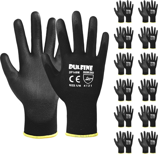 DULFINE Ultra-Thin PU Coated Work Gloves-12 Pairs,Excellent Grip,Nylon Shell Black Polyurethane Coated Safety Work Gloves, Knit Wrist Cuff,Ideal for Light Duty Work. (Medium)