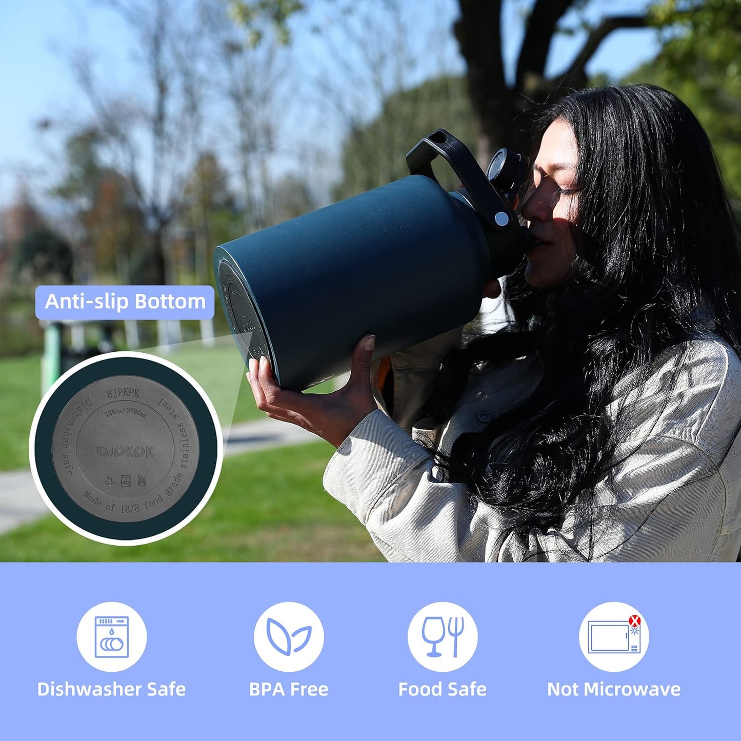 BJPKPK One Gallon(128 oz) Insulated Water Bottle, Dishwasher Safe Stainless Steel Thermos, BPA Free Jug with Ergonomic Handle & Anti-slip Bottom, Large Water Bottle, Army Green