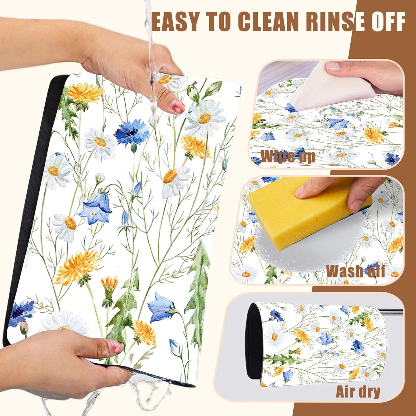 Watercolor Wildflower Dish Drying Mat for Kitchen Counter Coffee Mat Hide Stain Absorbent Rubber Backed Drying Rack Pad Espresso Machine Coffee Bar Accessories 15.7 x 23.6 Inch