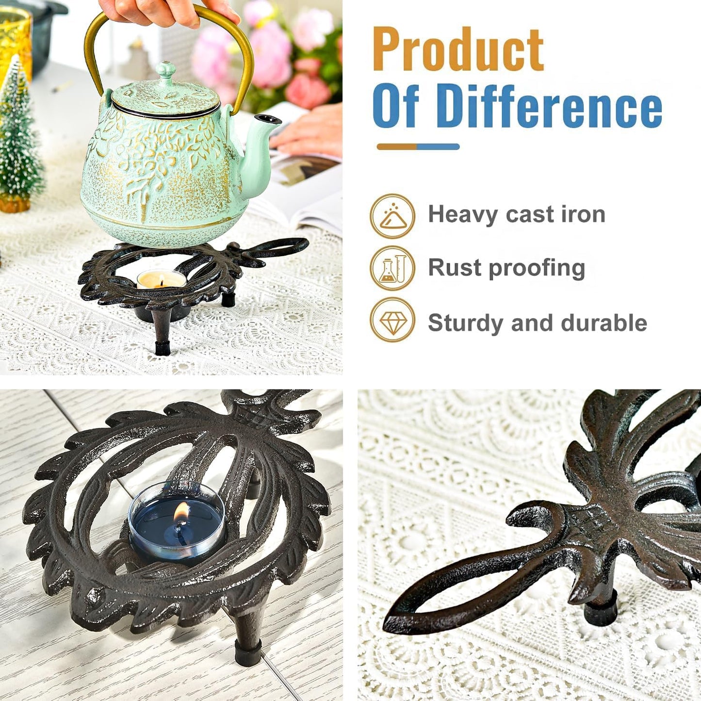 Sungmor Cast Iron Tealight Warmer with Pretty Flame Shape Design, Functional Table Trivet Candle Holder for Warm Dishes, Pots, Soups, Milks, Teas, Coffee, Great Heater for Melt Butter, Sealing Wax