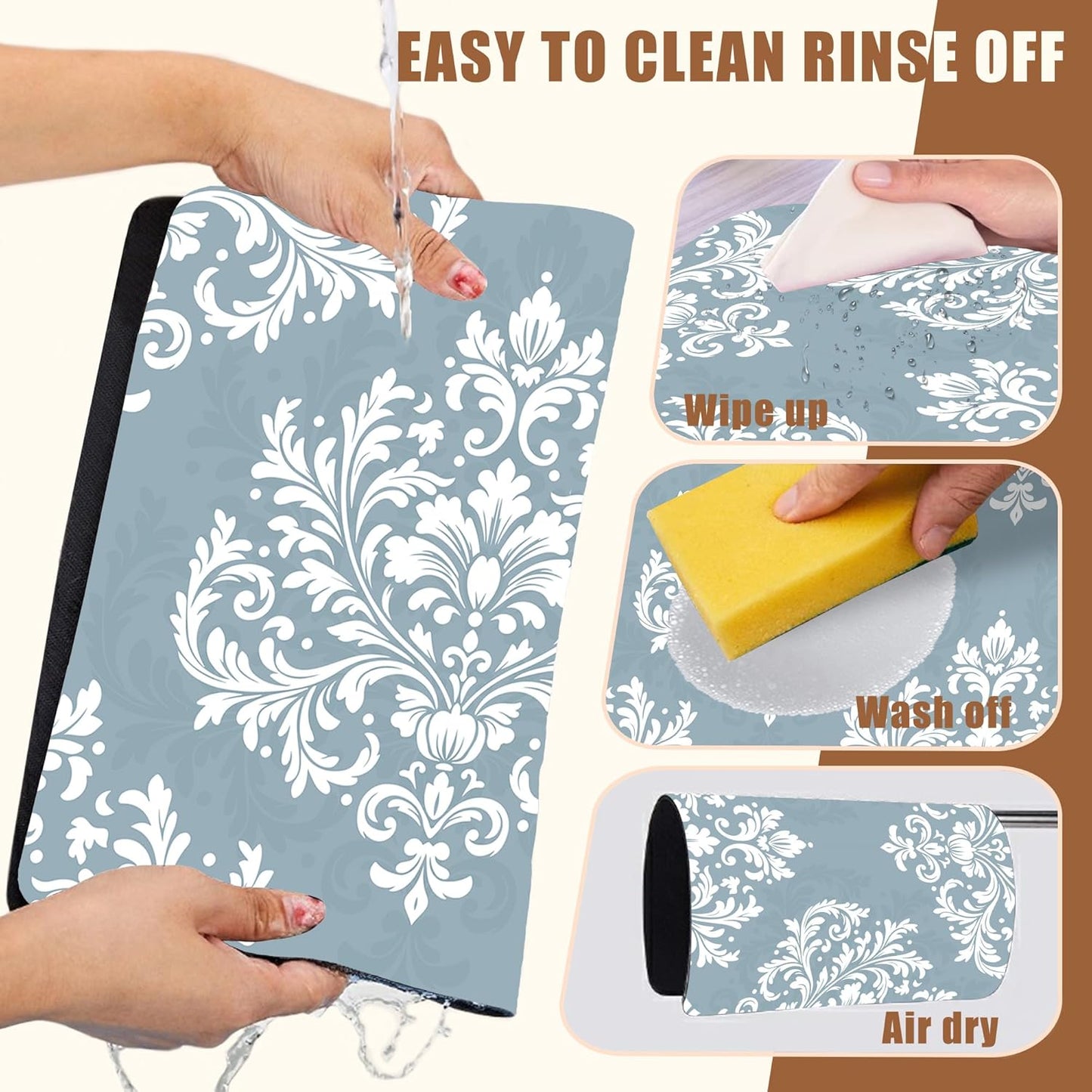 Dish Drying Mat Blue Damask Floral Coffee Bar Mat for Countertop Absorbent Rubber Backed Hide Stain Dish Drainer Rack Pad Coffee Maker Espresso Machine Dining Room Decoration 11.8 x 19.7 Inch