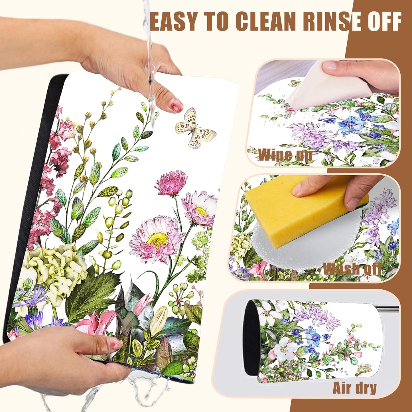 Watercolor Flower and Butterfly Dish Drying Mat for Kitchen Counter Absorbent Coffee Mat with Hide Stain Rubber Backed Espresso Machine Coffee Bar Accessories 15.7 x 23.6 Inch