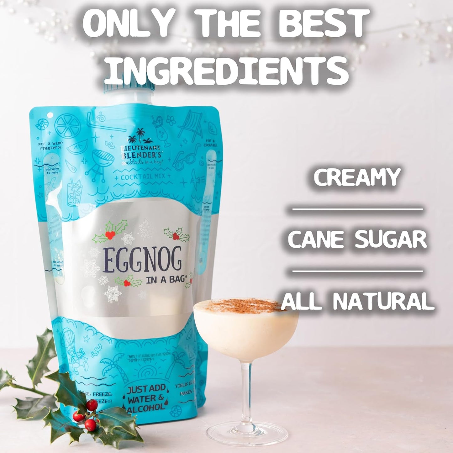 Lt. Blender's All Natural Eggnog Drink Mix for Festive Holidays, Creamy Non-Alcoholic Eggnog Cocktail Mix, Easy to Make, 16 Servings in a Resealable Bag (Pack of 1)