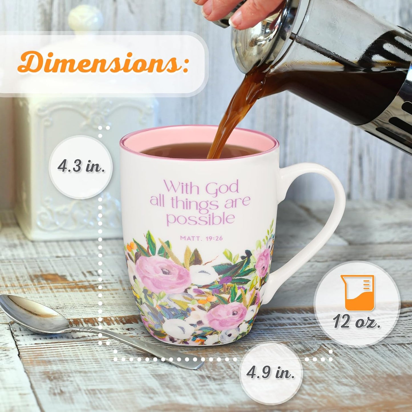 Christian Art Gifts Inspirational Ceramic Coffee & Tea Scripture Mug for Women: All Things are Possible Encouraging Bible Verse, Cute Microwave & Dishwasher Safe Drinkware, White & Pink Floral, 12 oz.
