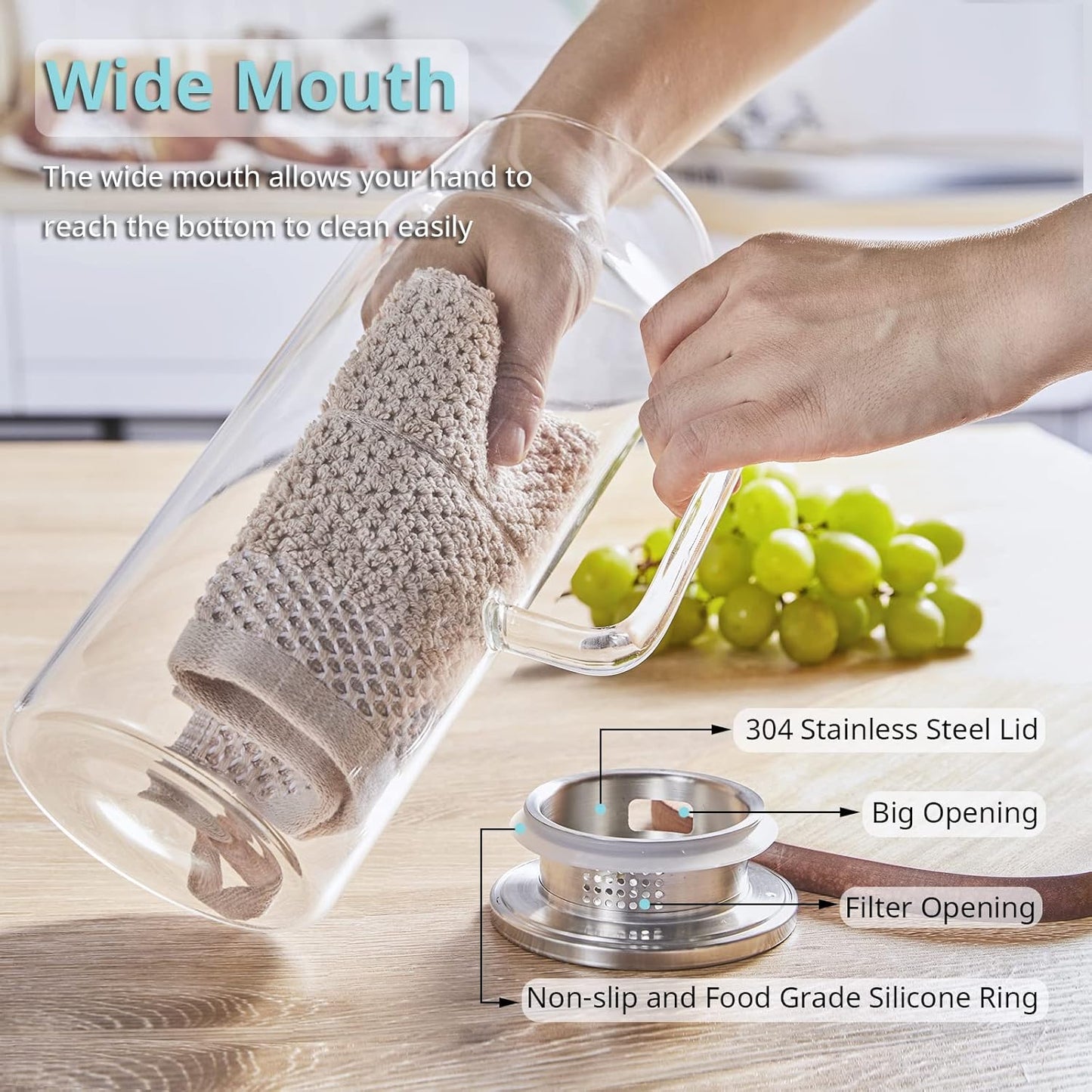 2 Pack 2 Liter 68 oz 2.1 Qt Glass Pitcher with Lid and Spout, Bivvclaz Water Pitcher for Fridge, Glass Carafe for Hot/Cold Water, Large Iced Tea Pitcher for Coffee, Juice and Homemade Beverage