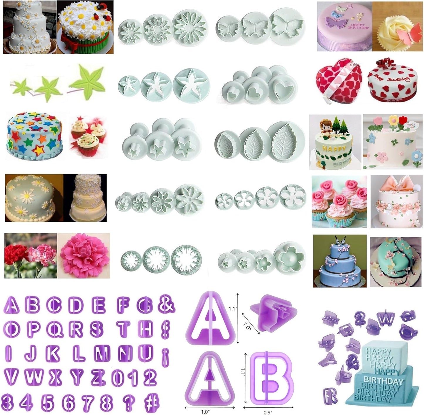 Flower Fondant Cutters,73Pcs Cake Cookie Cutter Plunger Sugarcraft Alphabet Letters Decorating Tools,Sunflower Rose Leaf Butterfly Heart Star Carnation Hollow Calyx Cutter Molds,Icing Modelling Kit