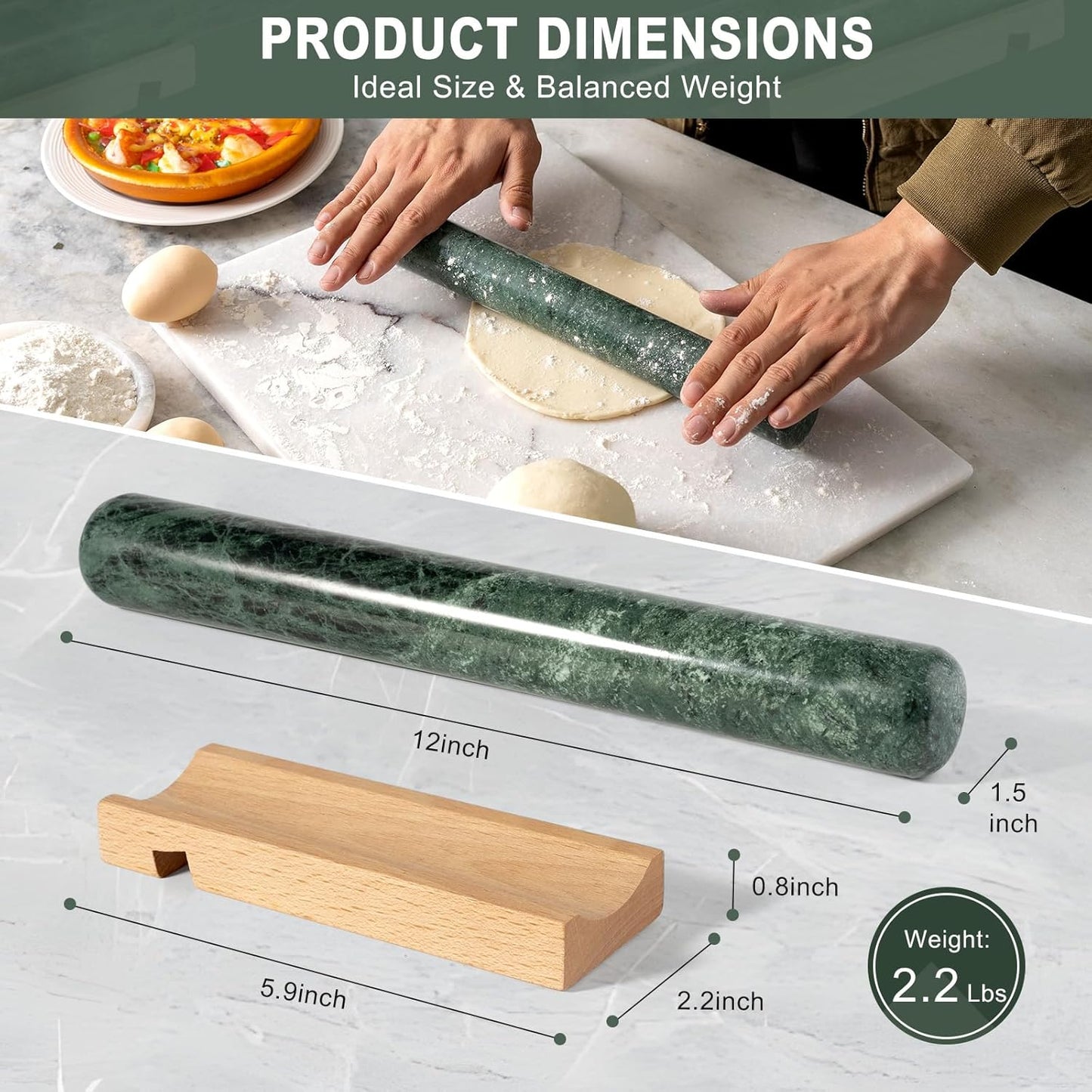 Marble French Rolling Pin for Baking, 12 Inch Non Stick Polished Rolling Pin for Dough, Heavy Dough Roller for Fondant Pizza Pie Crust Cookie Pastry Bread, Kitchen Baking (Indian Green)