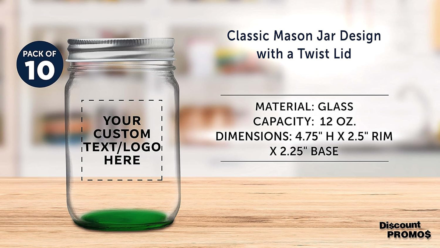 DISCOUNT PROMOS 10 Decorating Mason Jars Set, 12 oz. - Customizable Text, Logo - Canning, Aluminum Lid - Green