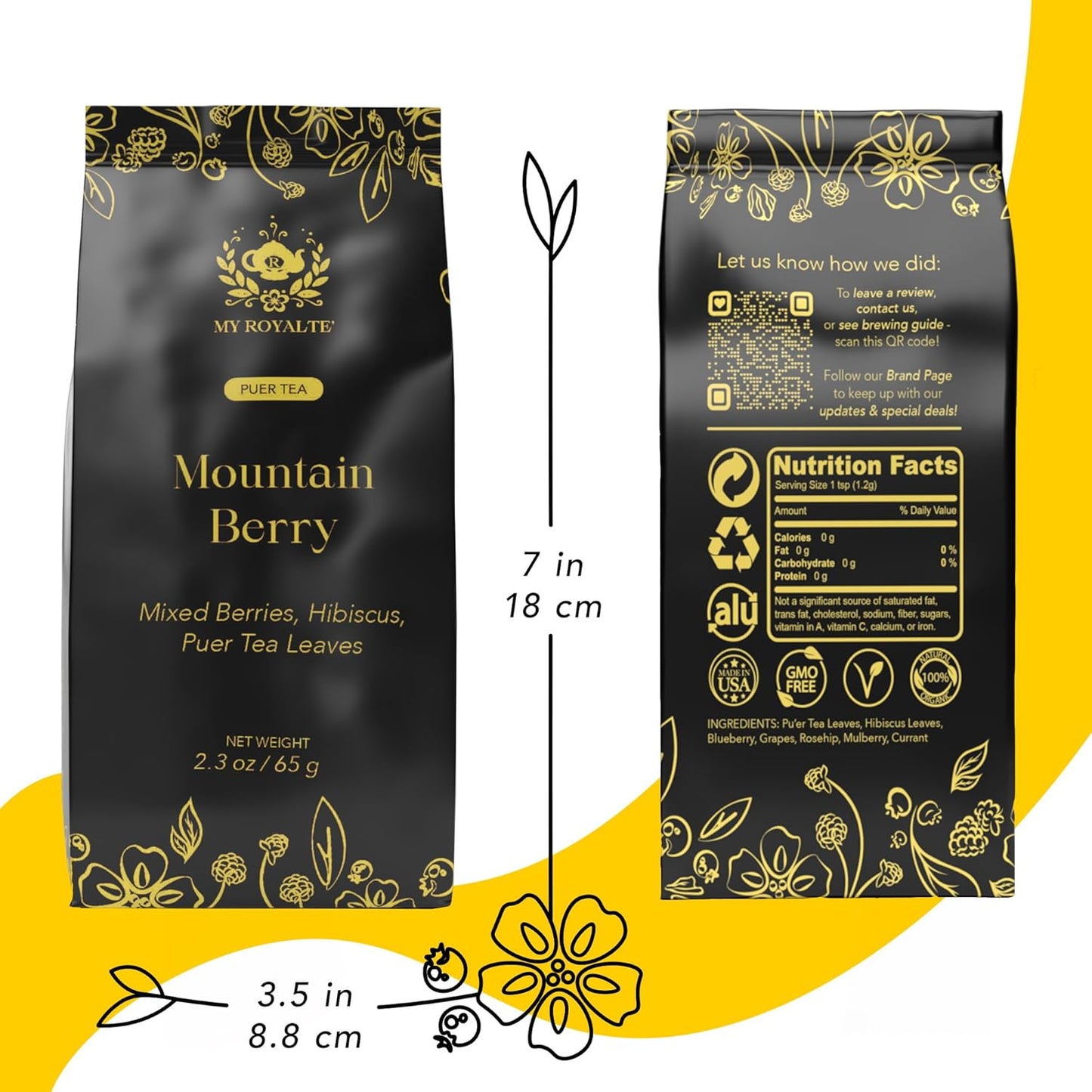 MyRoyalte Mountain Berry Puerh Tea Organic - Hibiscus Tea Loose Leaf Tea With Blueberries Grapes Mullberries - Pu'er tea Rosehip Tea - Organic Herbal Tea Chinese Tea Gift Idea for Tea Lovers - 3 oz