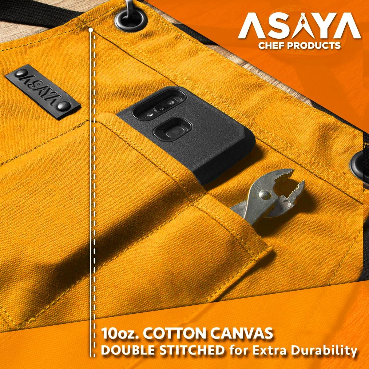 Asaya Chef and BBQ Apron with Bottle Opener and Hand Towel - 10oz Cotton Canvas, Stainless Steel Hardware - Cross Back Straps