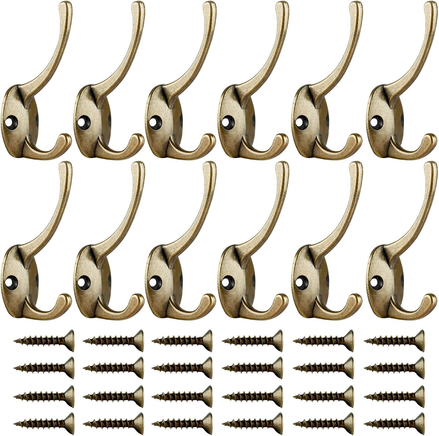IBosins 12 Pack Antique Brass Coat Hooks Wall Mounted with 24 Screws Retro Double Hooks Utility Antique Brass Hooks for Coat, Scarf, Bag, Towel, Key, Cap, Cup, Hat