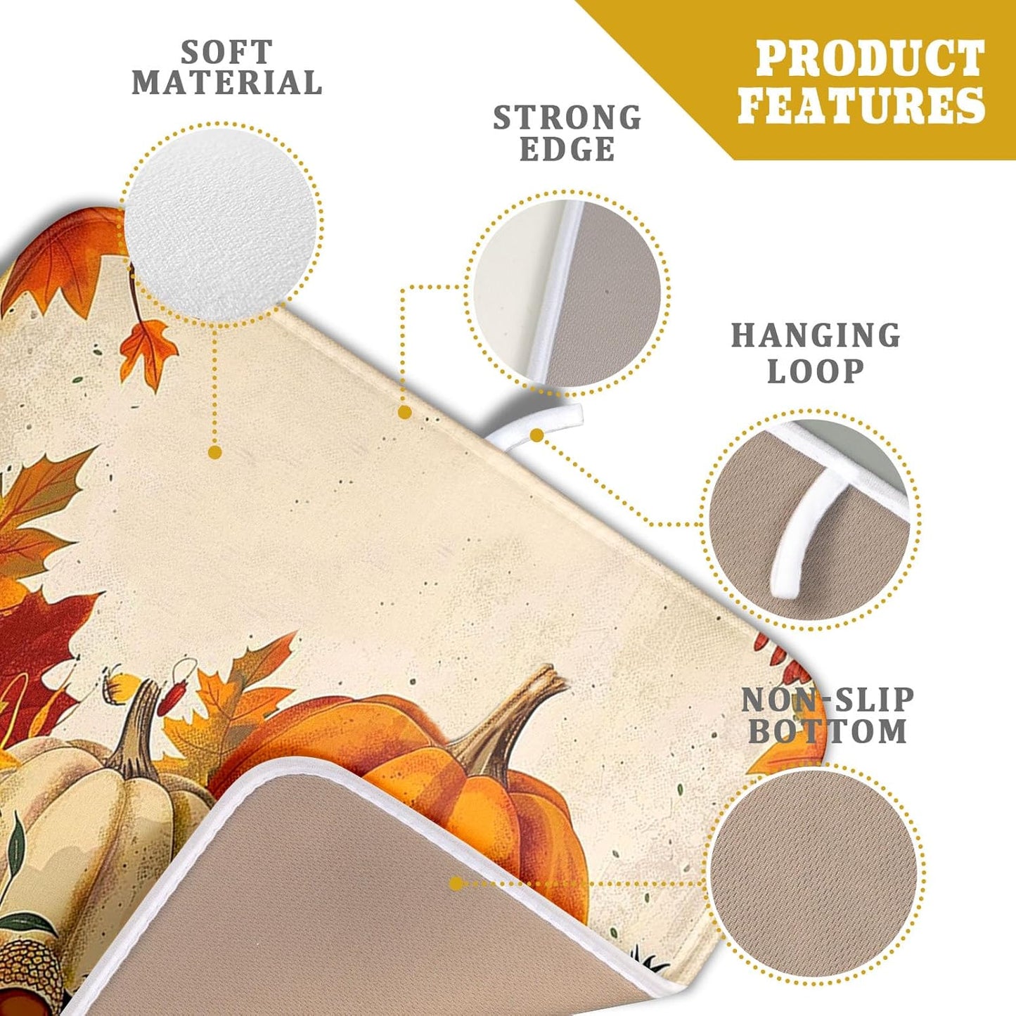 Happy Thanksgiving Day Harvest Dish Drying Mat for Kitchen Counter,Sunflower Maple Leaves Pumpkin Drying Mat 16 x 18 Inch with Absorbent Reversible Microfiber Dish Drying Pad for Coffee Bar