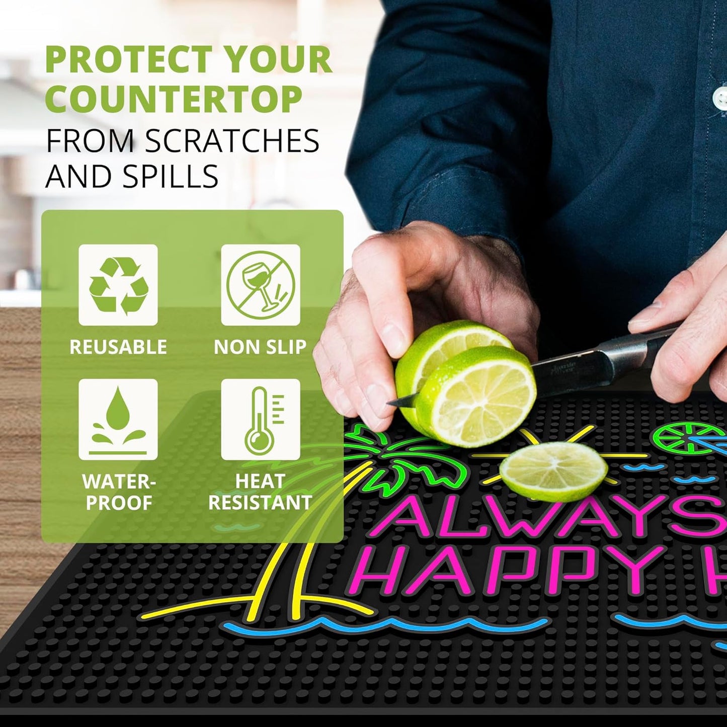 Premium Quality Always Happy Hour Bar Mat, Tiki Bar Mat for Bartending 18x12, Outdoor Tiki Bar Decor, Durable Bar Mats for Countertop, Drying Mat for Home Bar, Perfect Home Bar Accessories Xmas Gift