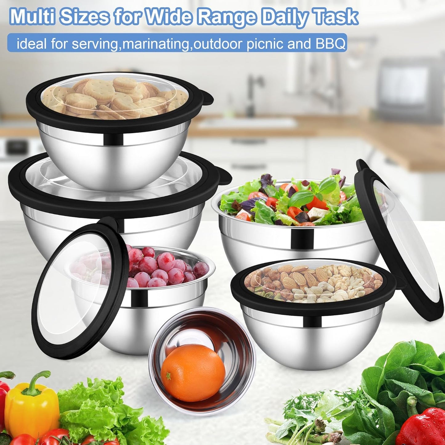 LIANYU Stainless Steel Mixing Bowls Sets of 6, Large Metal Nesting Bowl Sets for Home Kitchen, 7, 3.5, 2.5, 2, 1.5, 1QT Size with Transparent Airtight Lids, Dishwasher & Freezer Safe, Black