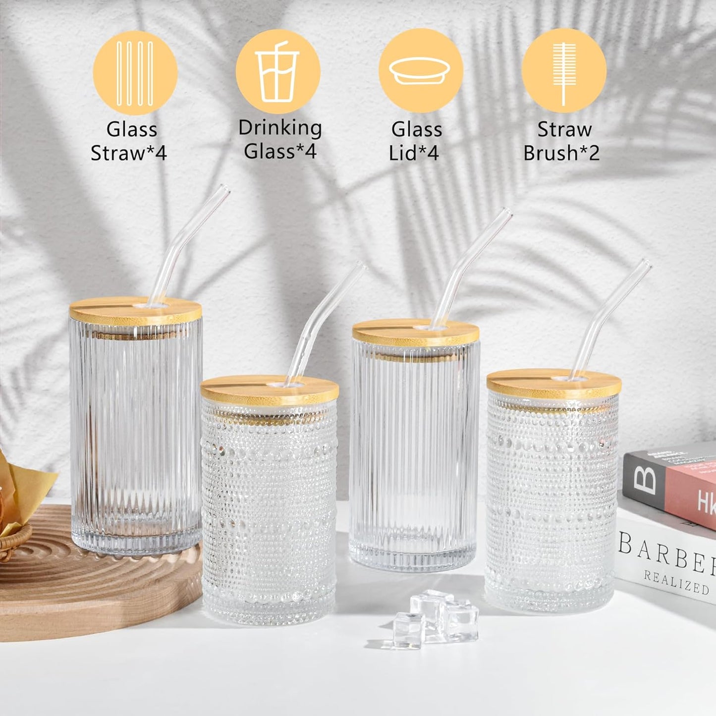 13 oz Drinking Glasses Set of 4 with Bamboo Lids Straws Hobnail Boho Glassware Set Vintage Glass Cups Embossed Iced Coffee Cup for Beer Cocktail Beverage(Hobnail)