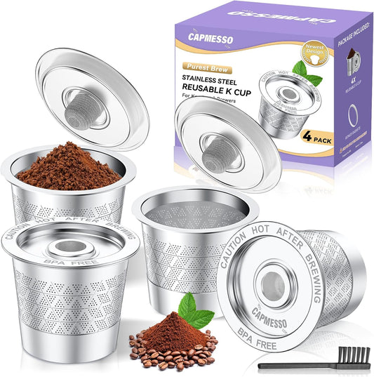 CAPMESSO Reusable K-Cups for Keurig 1.0: Stainless Steel Refillable Coffee Pods - Universal Metal Coffee Filter for Keurig Coffee Maker, Dual-mesh for Richer Coffee NO Sediment, Eco-Friendly (4 Pack)