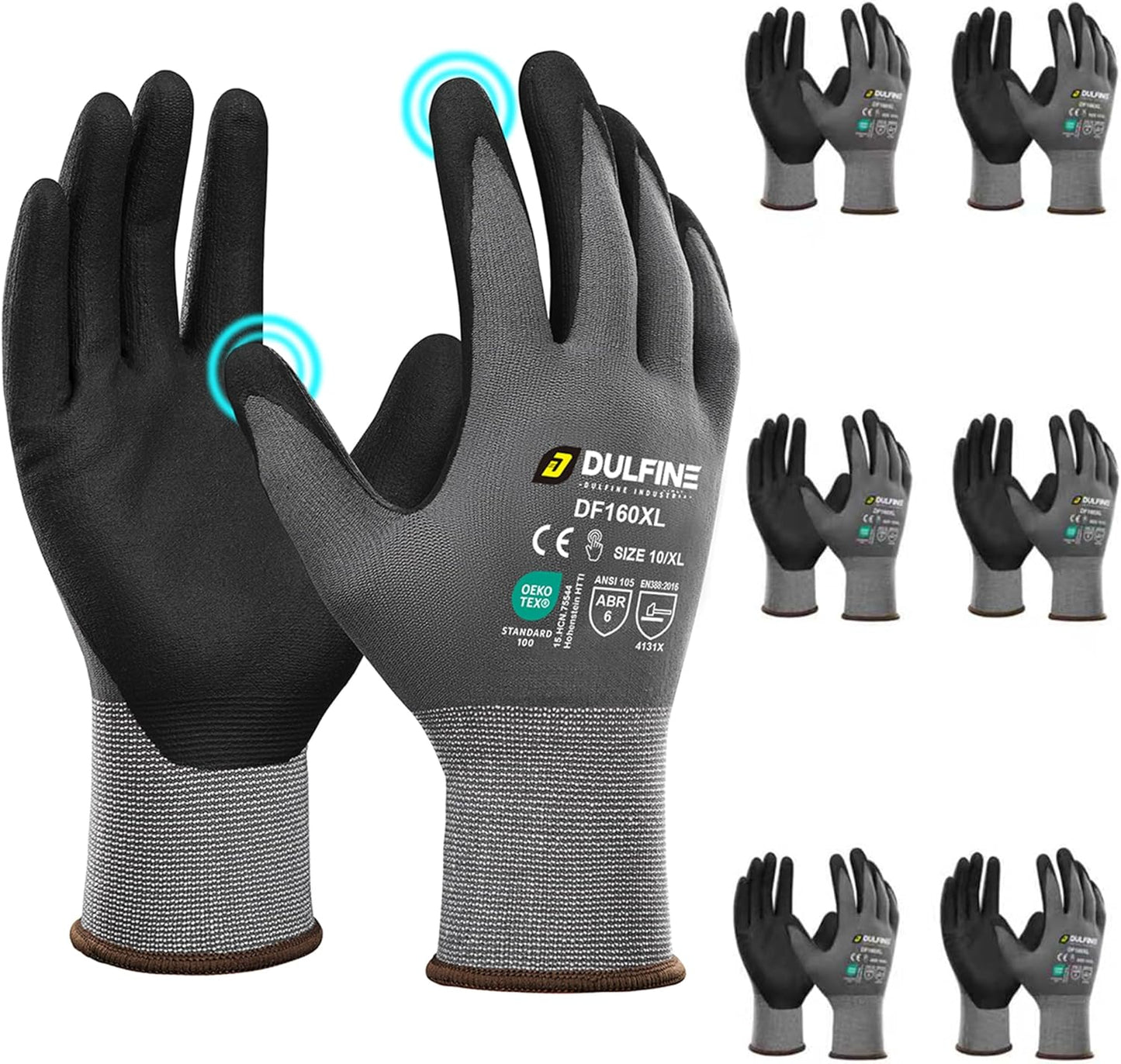 DULFINE Safety Work Gloves MicroFoam Nitrile Coated-6 Pairs Pack,Seamless Knit Nylon Glove with Black Micro-Foam Nitrile Grip,Ideal for General Purpose,Automotive,Home Improvement,Painting(XX-Large)
