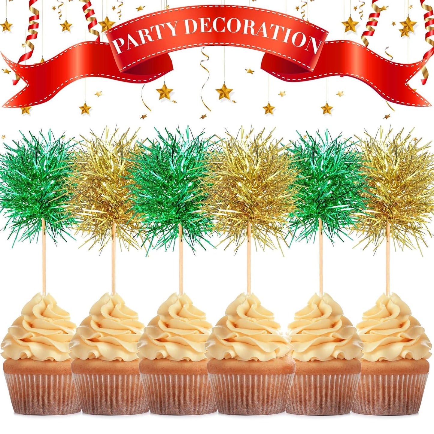 Chinco 100 Pcs Foil Firework Cupcake Toppers Sparkle Tinsel Cake Toppers Cake Decoration Cocktail Fruit Toothpick for Birthday Wedding Graduation Party(Green, Gold)