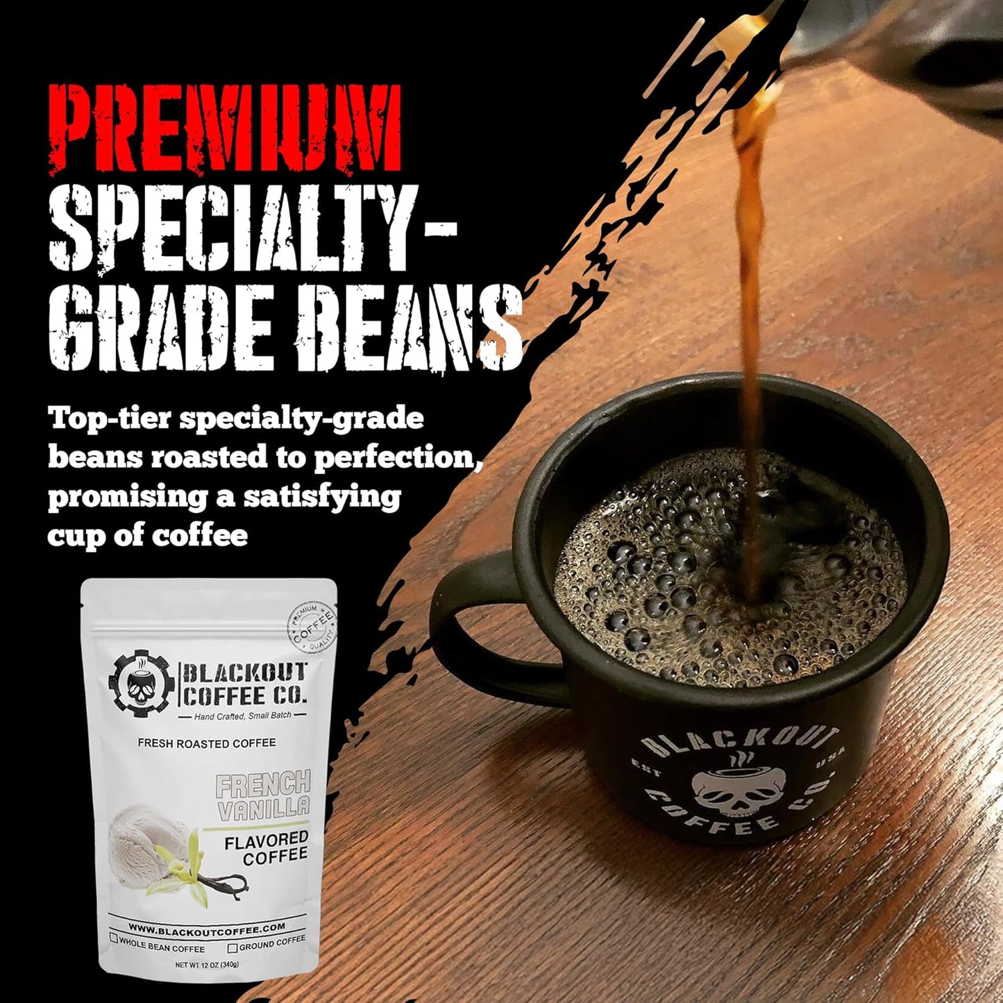 Blackout Coffee French Vanilla Flavored Coffee - Ground Coffee, Fresh Roasted In the USA,12 oz Pouch