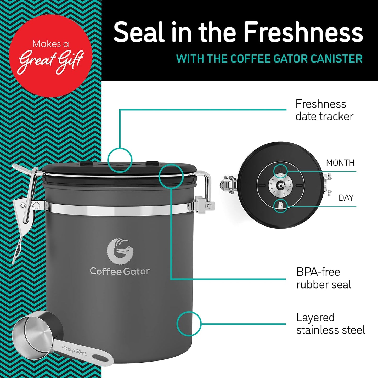 Coffee Gator Coffee Canister, 16oz Airtight Stainless Steel Kitchen Food Storage Container with Date Tracker, CO2-Release Valve and Scoop for Sugar, Beans, Tea, Sugar, Cereal, Cookies Jars - Black