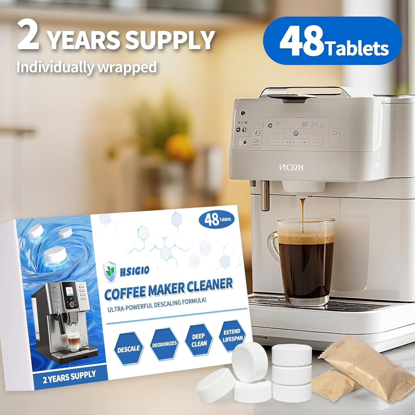 48 Pack Coffee Machine Descaler &Cleaner Tablets-2-Years Supply,Deep Cleans Limescale&Coffee Oils,Universal for Single-Serve Pod,Drip,Espresso Makers,Eliminates Odors&Residue-Free for Keurig Descaling