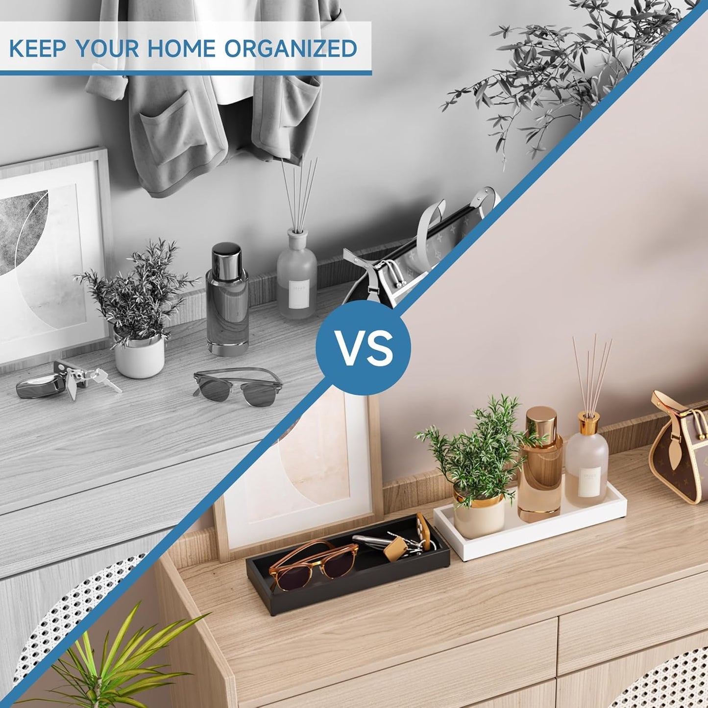 Bathroom Vanity Tray Black Decorative Tray for Counter, 11.2"x 4.3" Small Wood Sink Soap Tray Holder for Kitchen, Dresser Countertop Decor Rectangle Wooden Organizer, Black