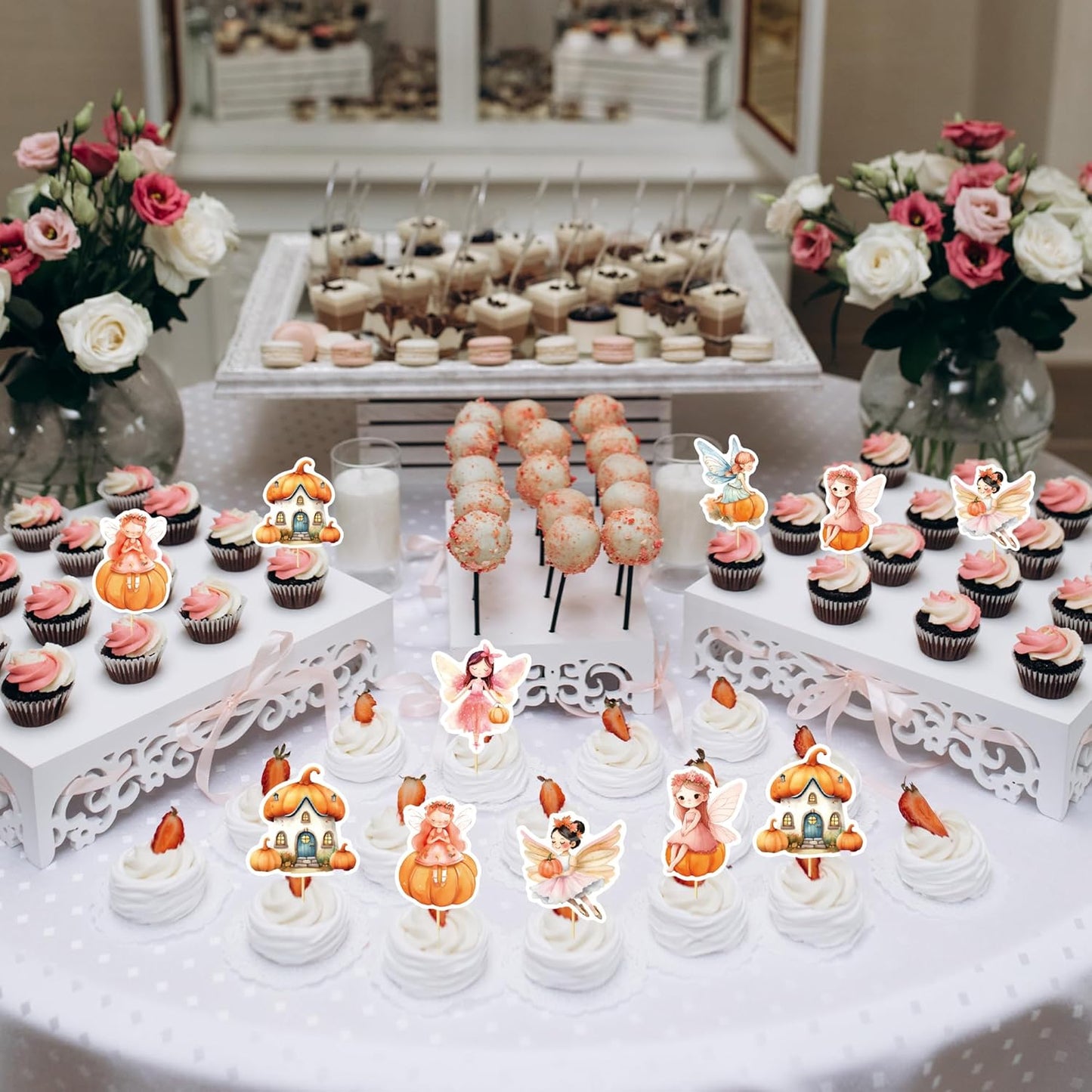 24Pcs Pumpkin Cupcake Toppers Flower Fairy Pumpkin Cupcake Picks Fall Harvest Theme Thanksgiving Baby Shower Party Supplies