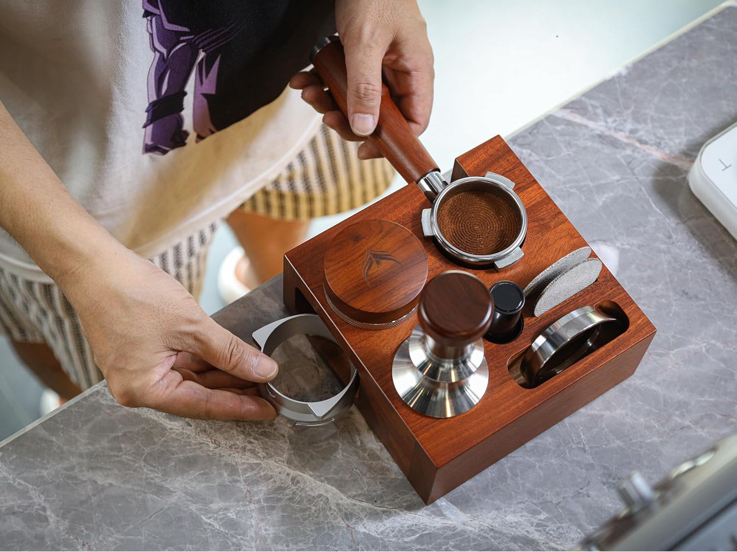 54mm Espresso Tamping Station Rosewood – Premium Organizer for Breville Espresso Machine Accessories Holder for Tamper, Funnel, WDT, Puck Screens, RDT | Barista Station Box