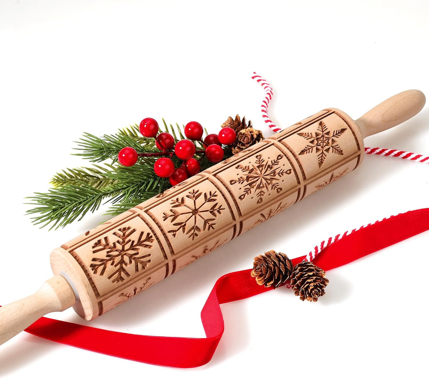17" Premium Wood Rolling Pin with Snowflake Embossed Designs | 3mm Deep Springerle Cookie Molds | Christmas Rolling Pin & Baking Gifts for Women | Includes 3-in-1 Cleaning Brush