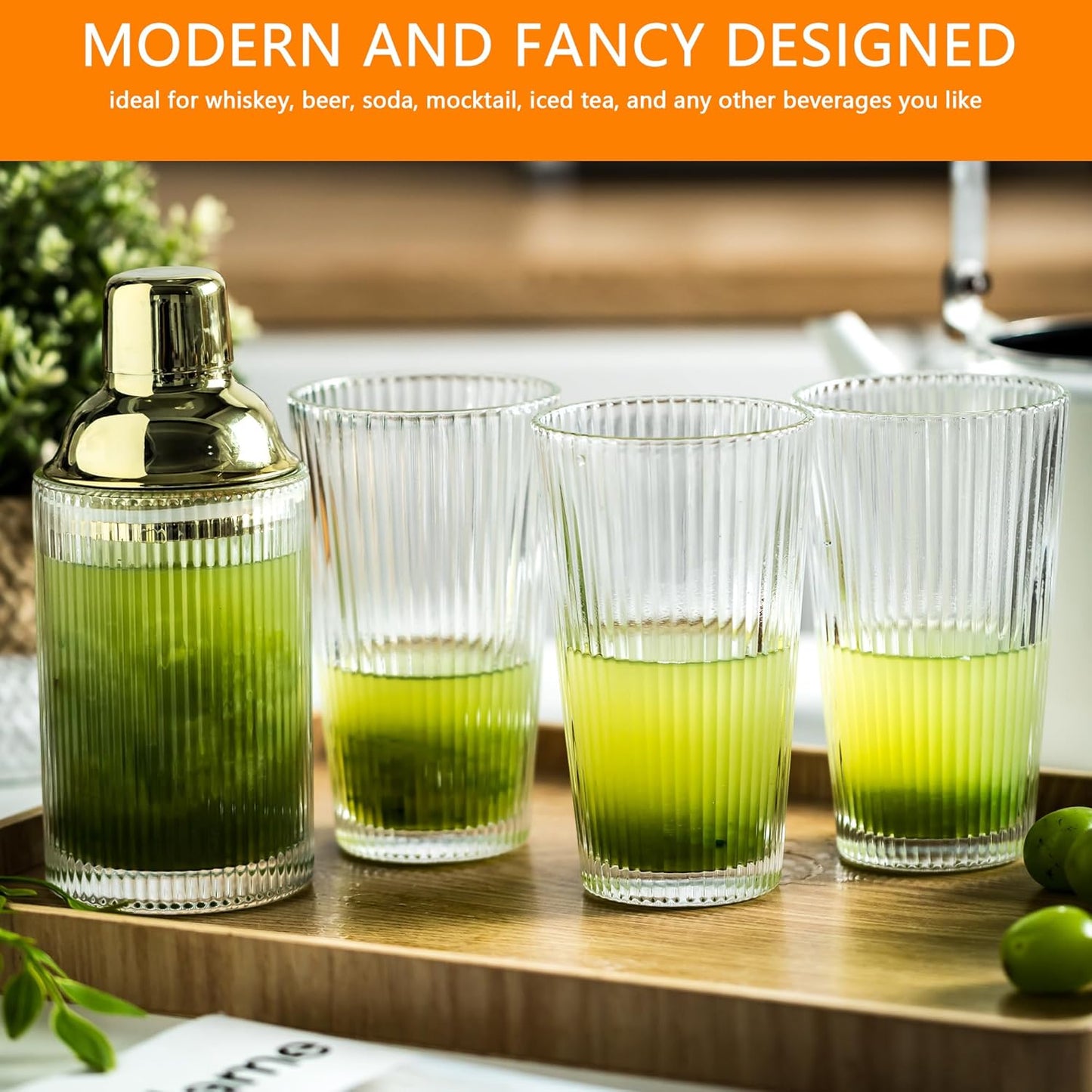 Glass Cocktail Shaker Set with Ribbed Glassware, Lids, and Straws - Elegant Bartender Kit for Whiskey, Cocktails - Dishwasher Safe, Perfect Home Bar Accessory (Glass Shaker + 3 Ribbed Glasses)