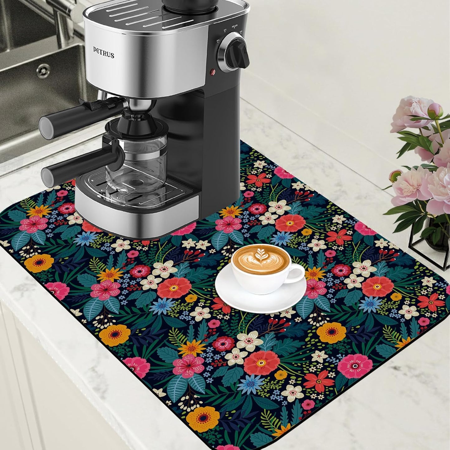 Dish Drying Mat Colorful Flowers and Leaves Coffee Bar Mat for Countertop Absorbent Rubber Backed Hide Stain Dish Drainer Rack Pad Espresso Machine Dining Room Decor 15.7 x 23.6 Inch