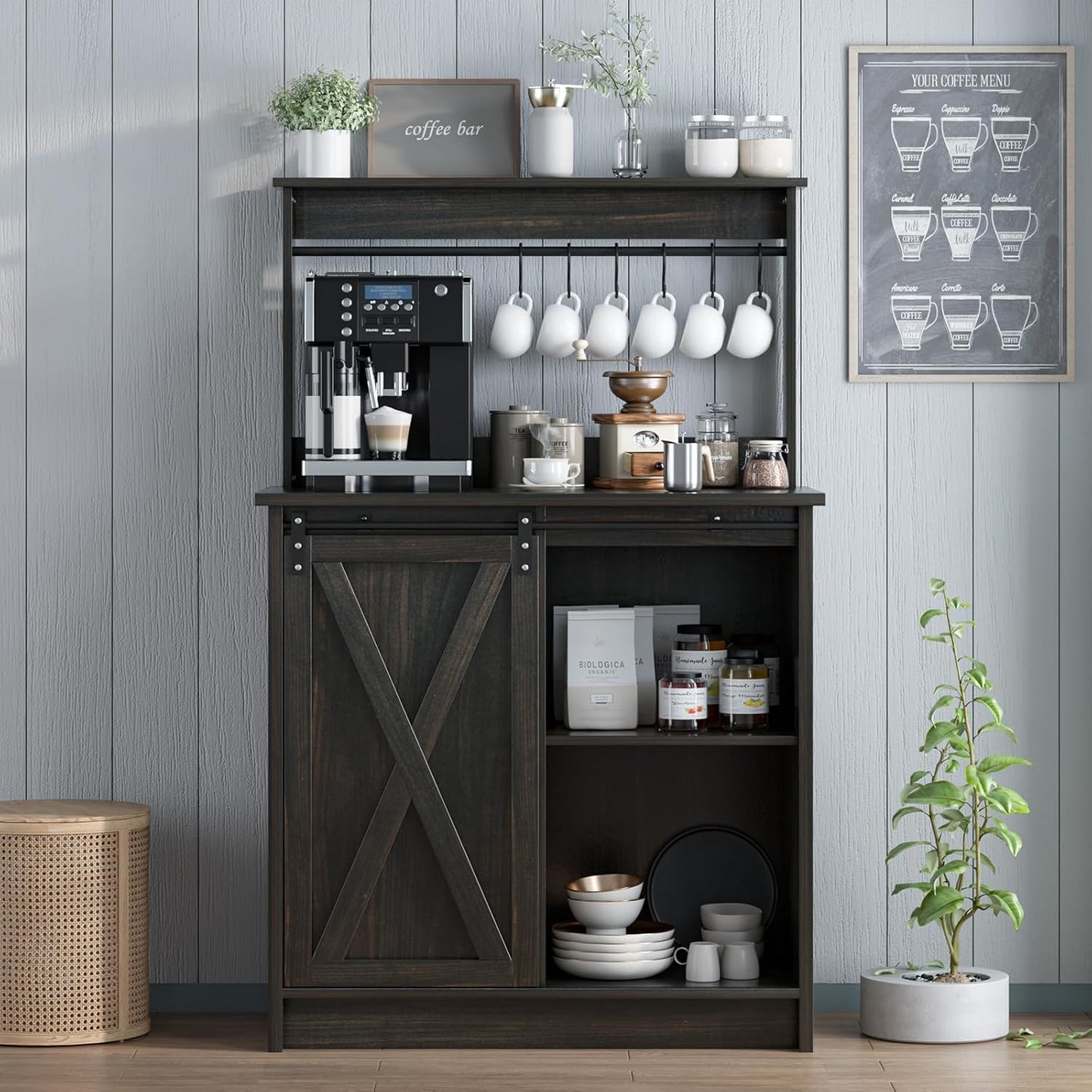 4ever2buy Farmhouse Coffee Bar with Hutch, 31 Inch Buffet Cabinet with Sliding Barn Door, Storage Bar Cabinet with 6 Hooks, Coffee Bar Table with Adjustable Shelves for Living Dining Room, Oak