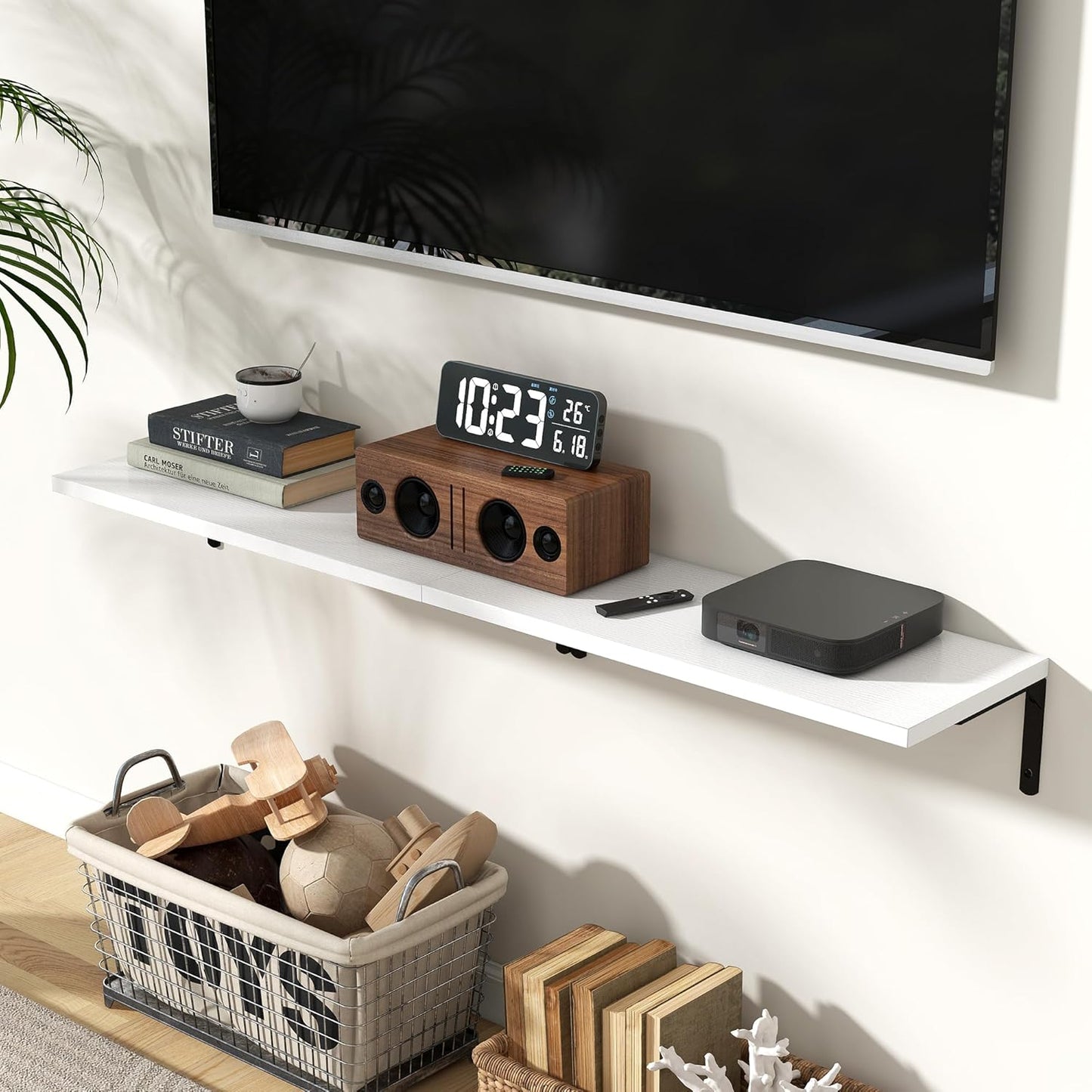 Fun Memories Deep Floating Shelves, 24W x 8D Floating Shelves Set of 2, Wall Mounted Shelf with Metal Brackets, Rustic Wood Wall Shelf for Bathroom, Kitchen and Living Room, White