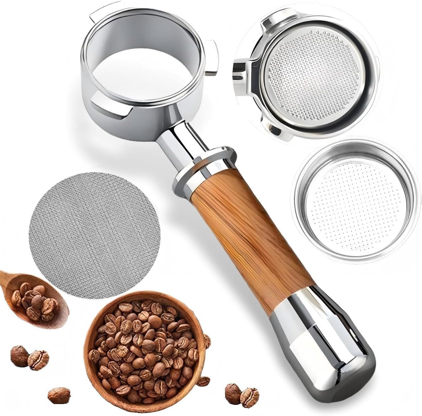 54mm Coffee Bottomless Portafilter, Compatible with Breville Barista Bes 870/878/880/876/840/810/500/450 Replacement Parts Bottomless Portafilter(Walnut)