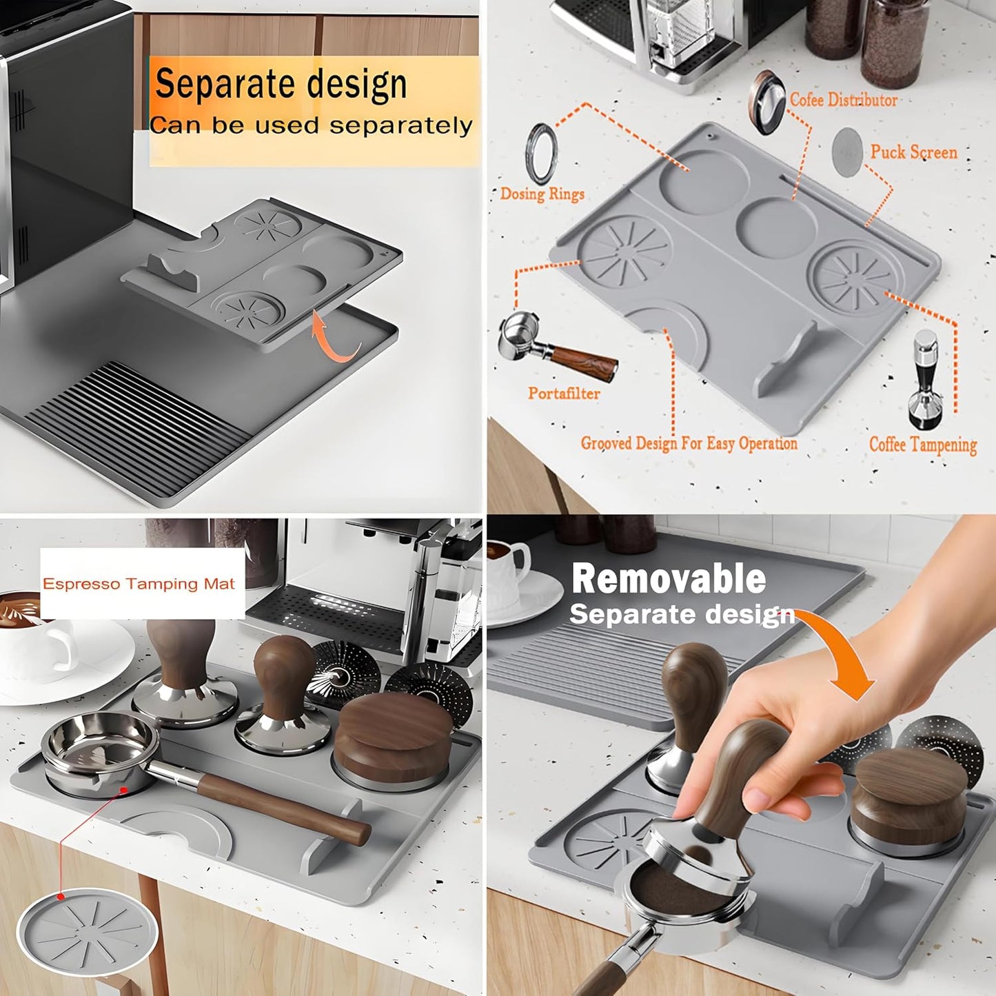 Silicone Coffee Mat With Espresso Tamping Mat,Leak-Proof and Non-Slip,Suitable for Kitchen Station Pad Accessories Fits Under Coffee Maker & Dish Rack to Keep the Countertop Clean-Gray