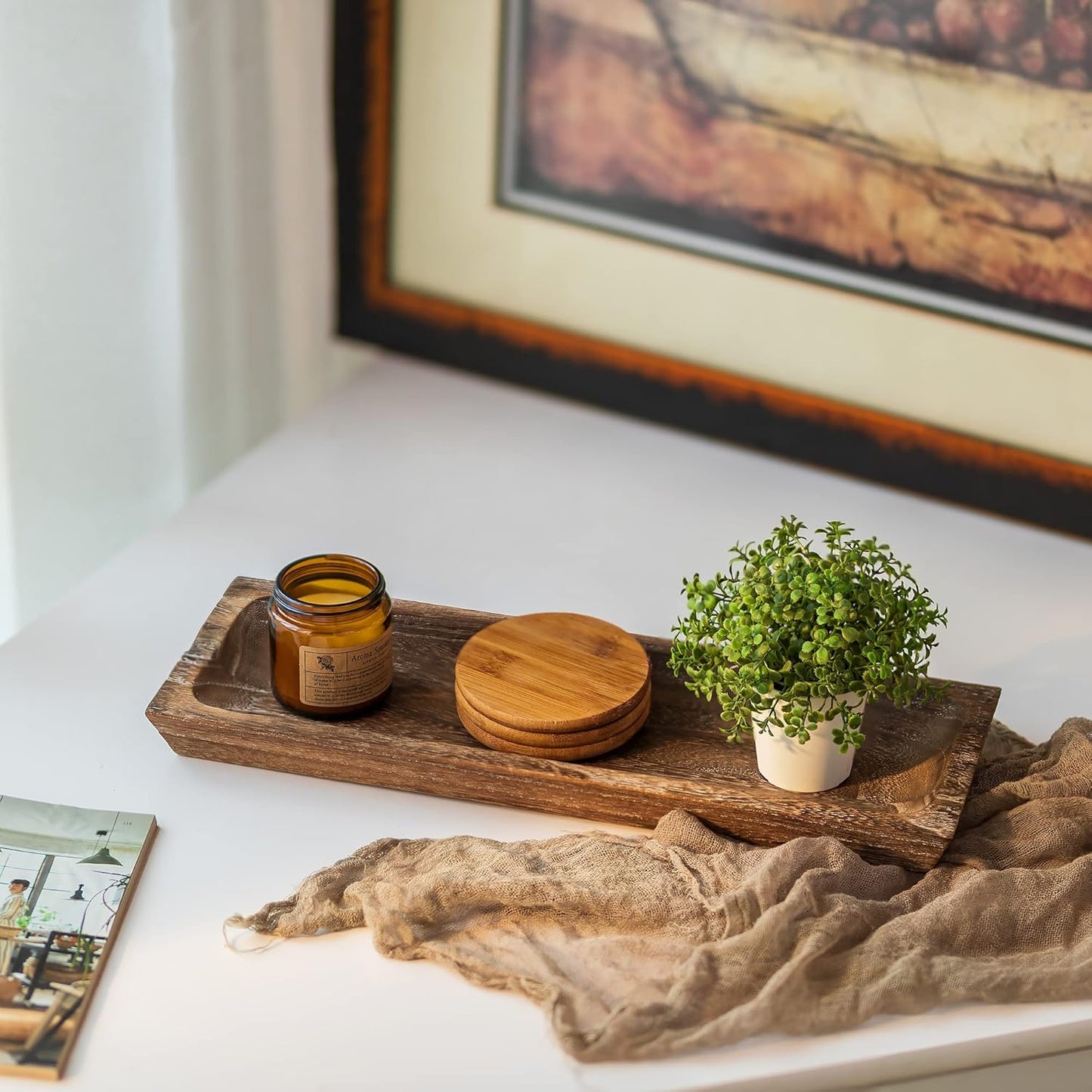 Hanobe Wooden Tray for Candle Decorative: Wood Rustic Long Centerpiece Trays Rectangle Narrow Farmhouse Decor for Dining Coffee Table Kitchen Fireplace Mantle