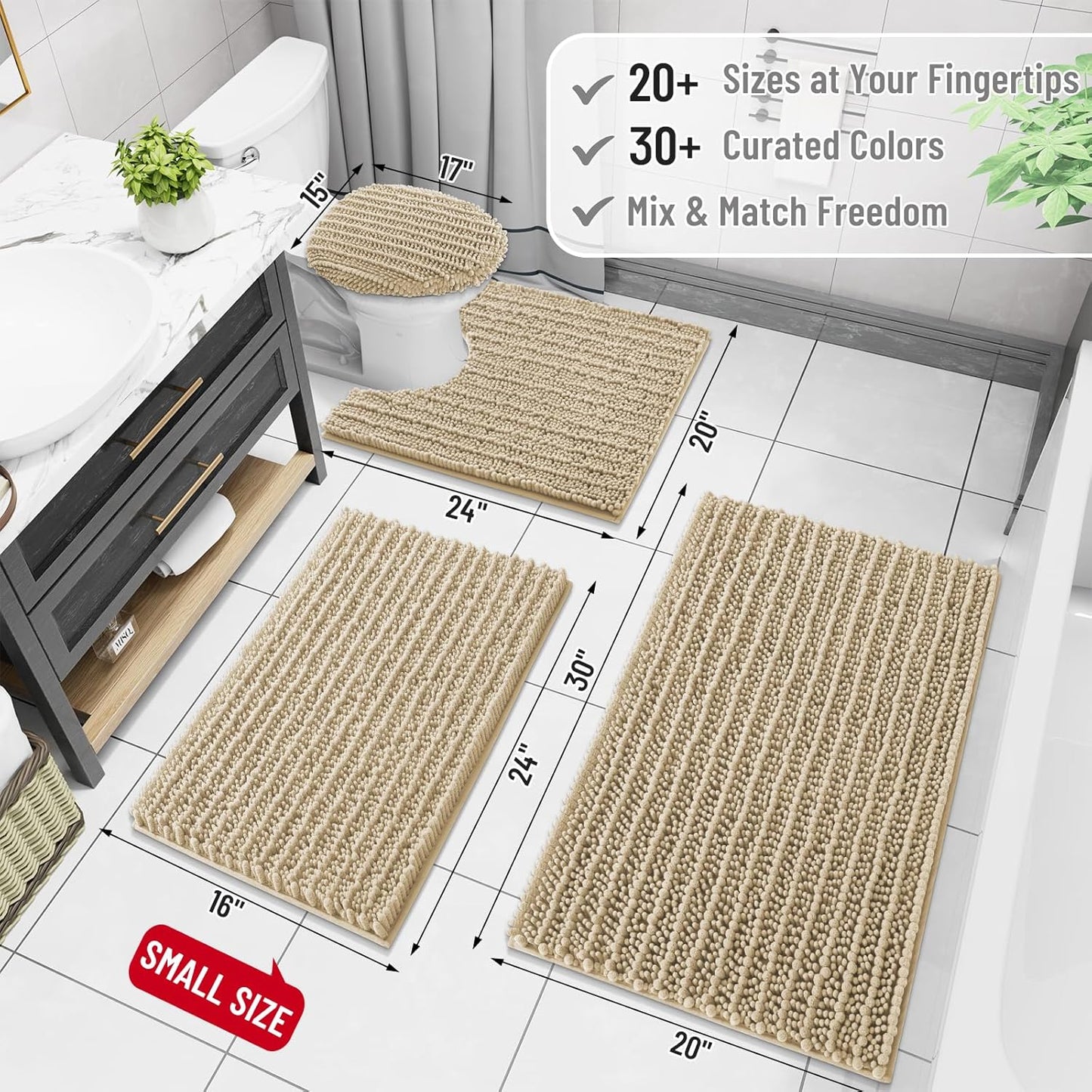 Arotive Luxury Chenille Bathroom Rug Mat, Extra Soft Thick Absorbent Shaggy Bath Rugs, Non-Slip Machine Wash Dry, Plush Bath Mats for Bathroom, Shower and Tub, 59x35, Beige