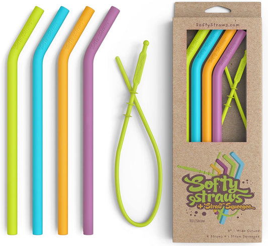 Wide Premium Reusable Silicone Drinking Straws + Patented Straw Squeegee - 9” Long With Curved Bend for 20 30 32 oz Tumblers Non Rubber, Flexible, Safe for Kids/Toddlers, Smoothie