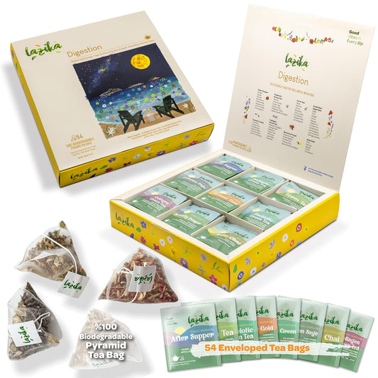 Lazika Herbal Tea Variety Pack with Lovely Presentation Box, 54 Counts Digestion Tea Assortment Gift Set, Premium Collection with Pyramid Infuser Bag, Handcrafted