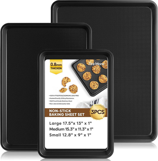Baking Sheet Pan Set of 3, Thicker Carbon Steel Cookie Sheets for Baking Non Stick with Diamond Texture Pattern, Ceramic Half/Quarter/Jelly Roll Baking Trays for Oven