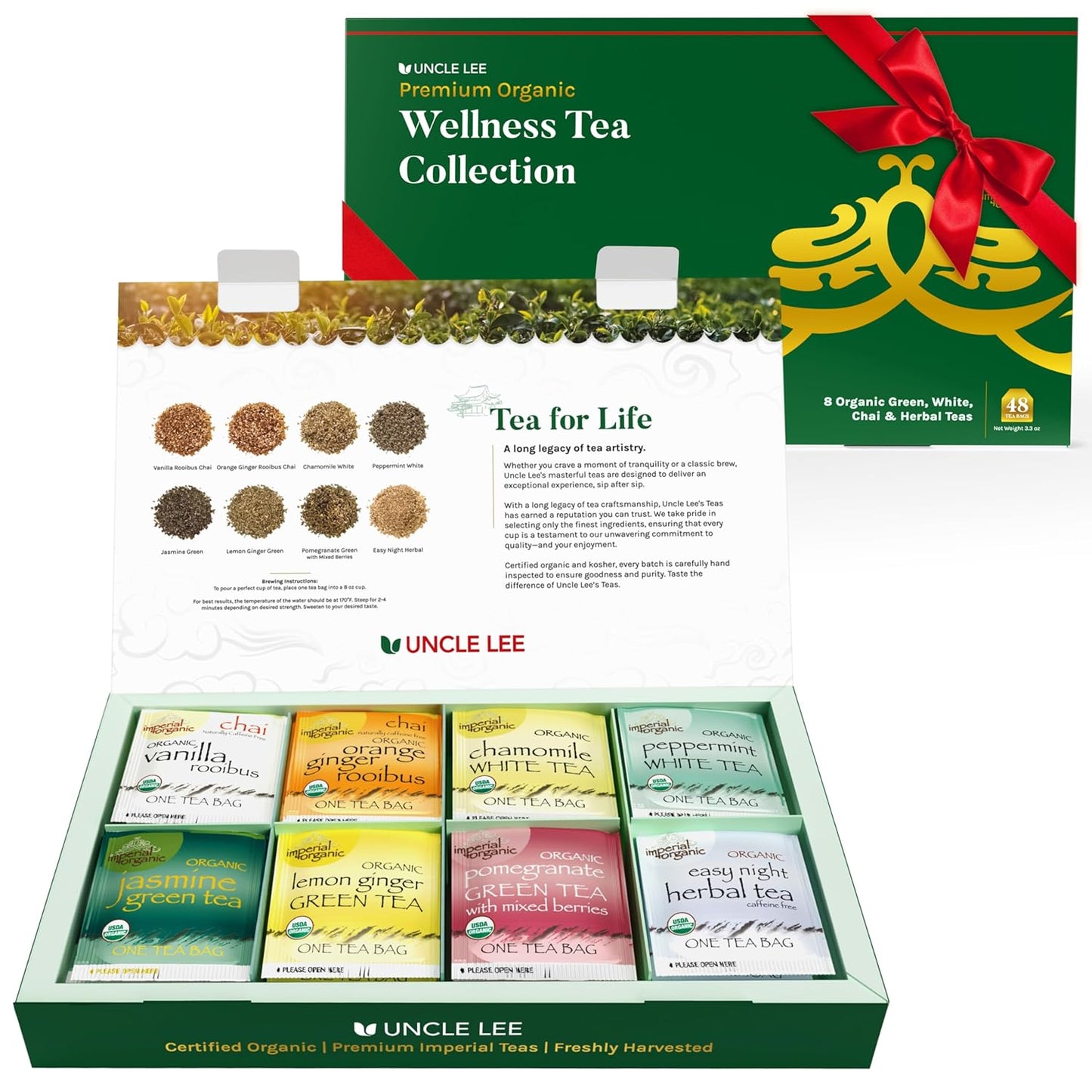 Uncle Lee’s Organic Tea Variety Gift Set – Wellness Collection with 8 Teas (6 Bags Each) in a Premium Gift Box, 3.3 Oz