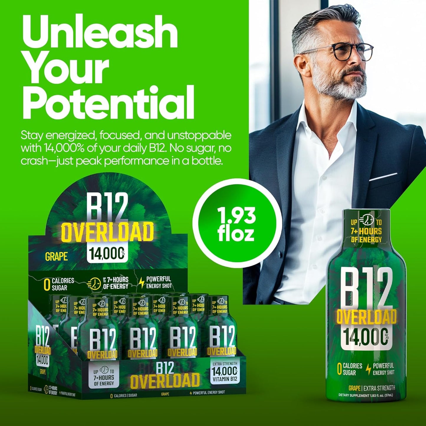 B12 Overload Extra Strength Energy Shot – Grape – 260mg Caffeine, 14000% B12, Electrolytes – Energy & Vitality Support – Zero Sugar No Calories – Vegan, Kosher, Gluten-Free – 1.93 fl oz, 12-Pack
