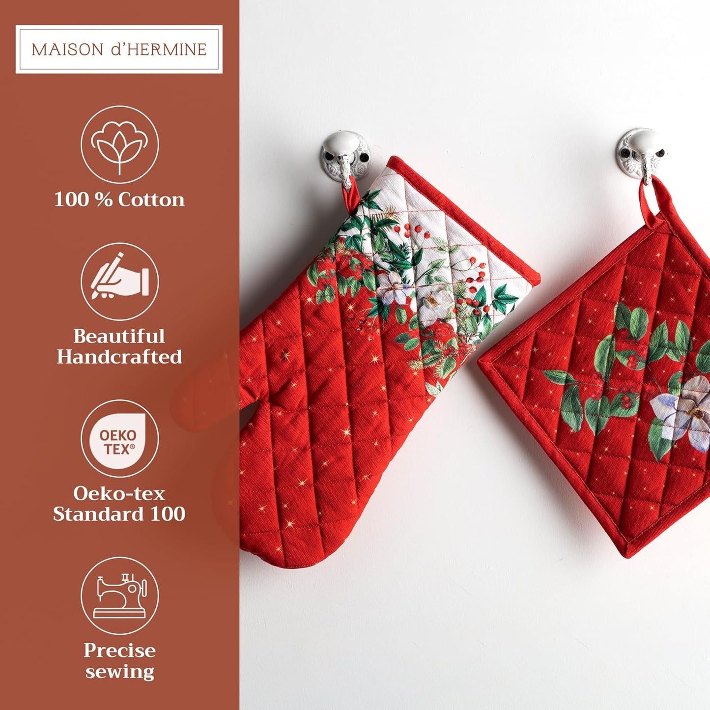 Maison d' Hermine 100% Cotton Oven Mitt & Pot Holder Set (7.5"x13" & 8"x8") Heat Resistant BBQ Cooking Gloves with Loop, Baking, Grilling, Kitchen, Handling Hot Pans (Noel)