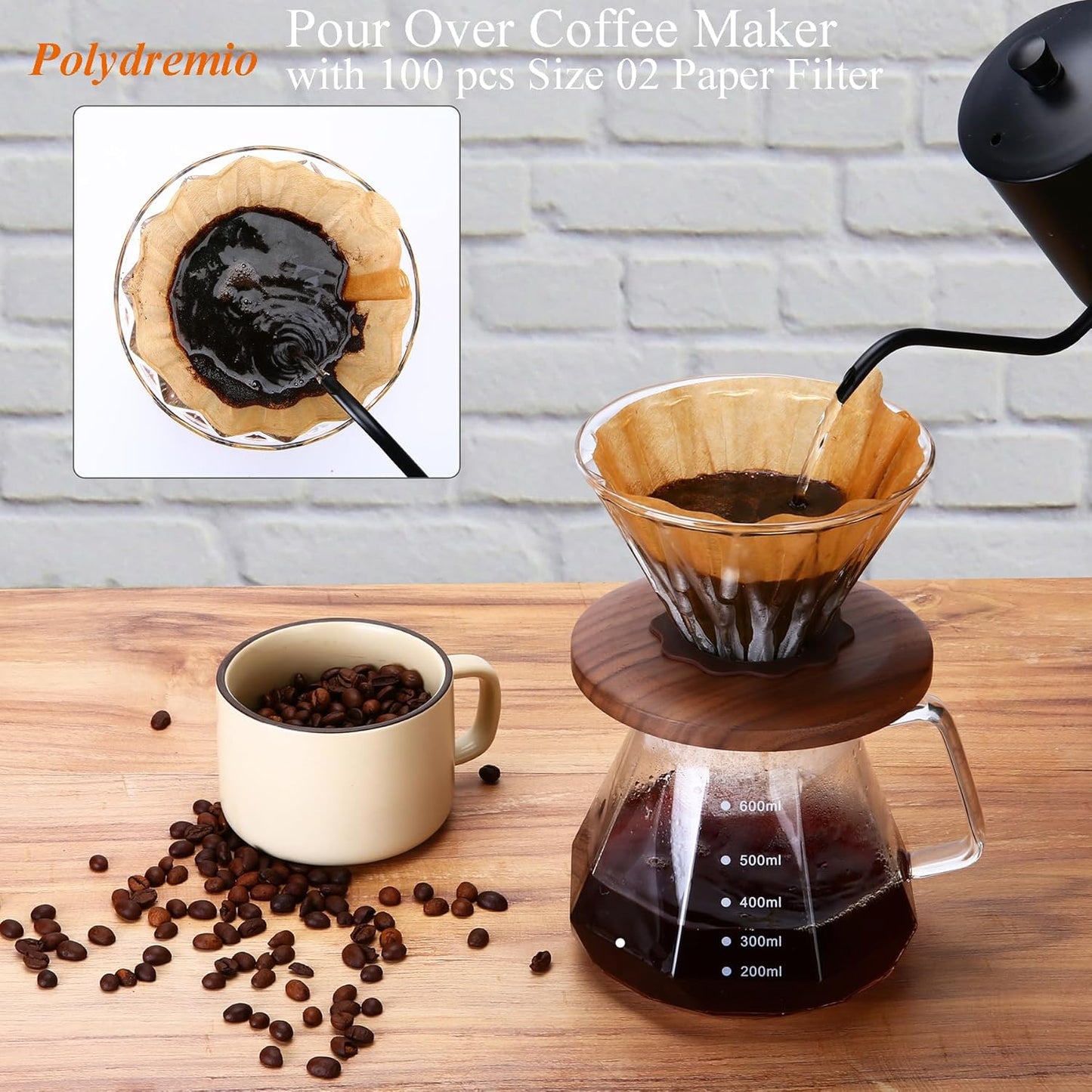 Pour Over Coffee Maker, 20 oz Borosilicate Glass Carafe with 100 pcs Size 02 Paper Filter, Walnut Handle & Glass Lid, 600 ml, Clear