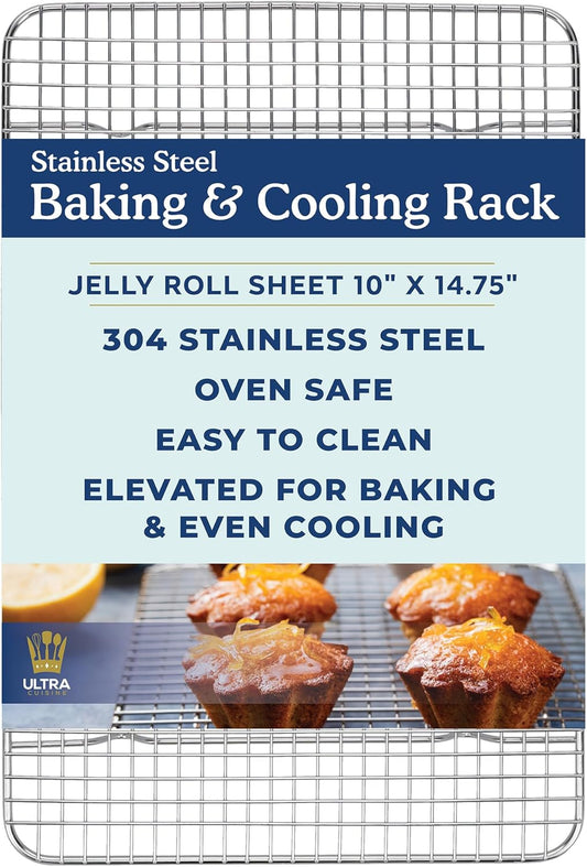 Ultra Cuisine Stainless Steel Baking Rack - 10x14.75 inch Jelly Roll Pan Wire - Oven Grill Sheet Pan - Oven Safe - Dishwasher Safe - Heavy Duty Wire Cooling Rack for Cooking Baking and Roasting