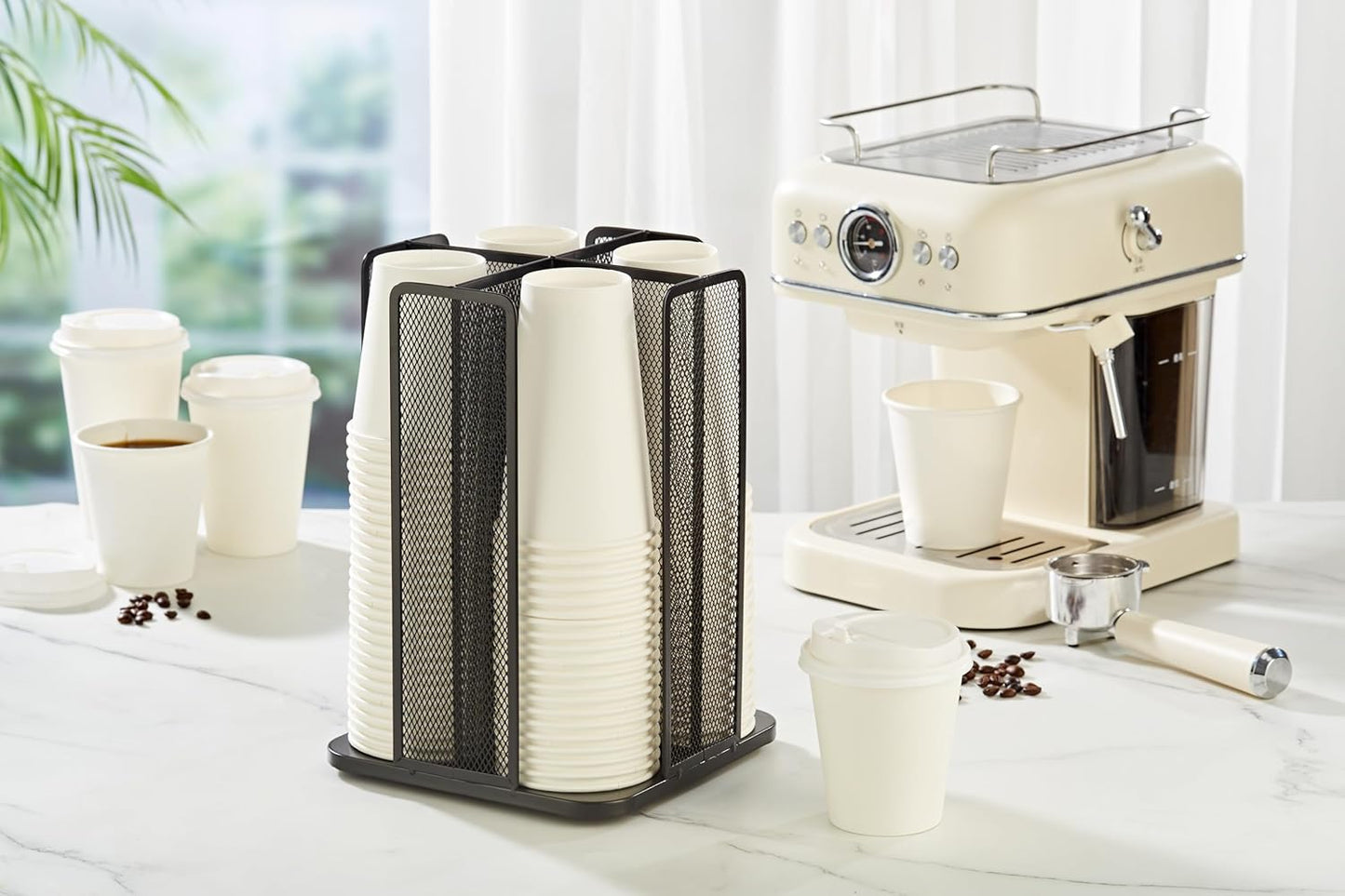 Annova Paper/Plastic Cup and Lid Holder Plastic Storage Organizer, 360°Rotating Coffee Mup Dispenser with 4 Compartments, Multifunctional Storage Rack for Home, Office, Bar, Coffee Shop (Black)